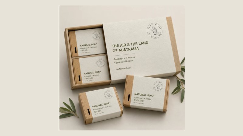 The Air & The Land of Australia gift box: two natural soaps in kraft boxes beside olive sprigs