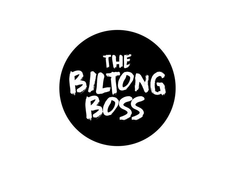The Biltong Boss logo: white brush lettering on a black circle
