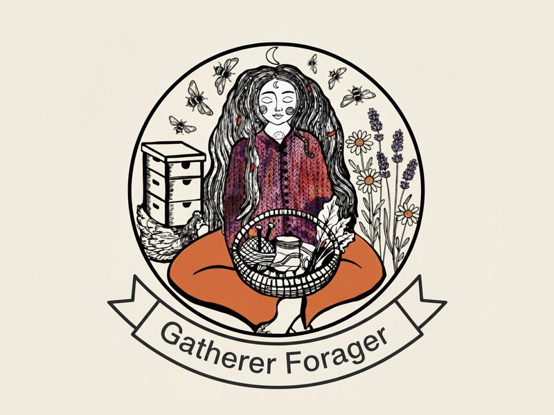 The Gatherer Forager emblem: an illustration of a woman with a foraging basket, surrounded by bees, hives, a chicken and wildflowers