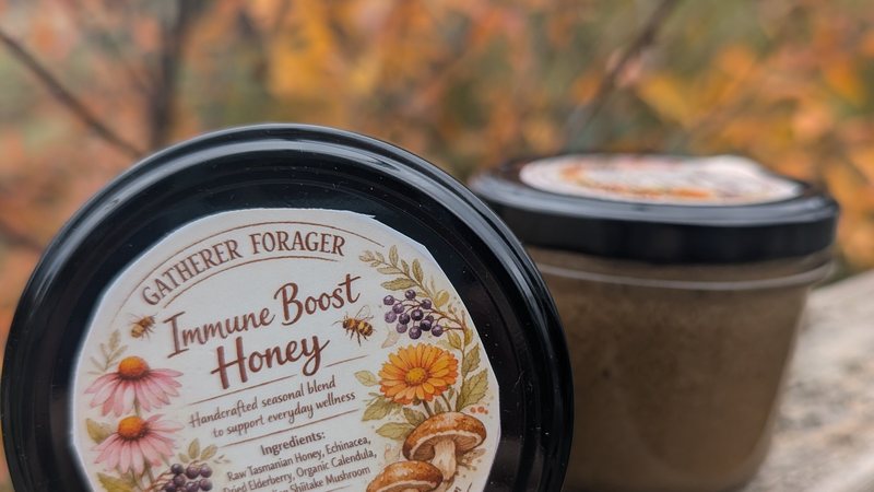 A tub of Gatherer Forager immune boost honey with an illustrated label, against autumn leaves