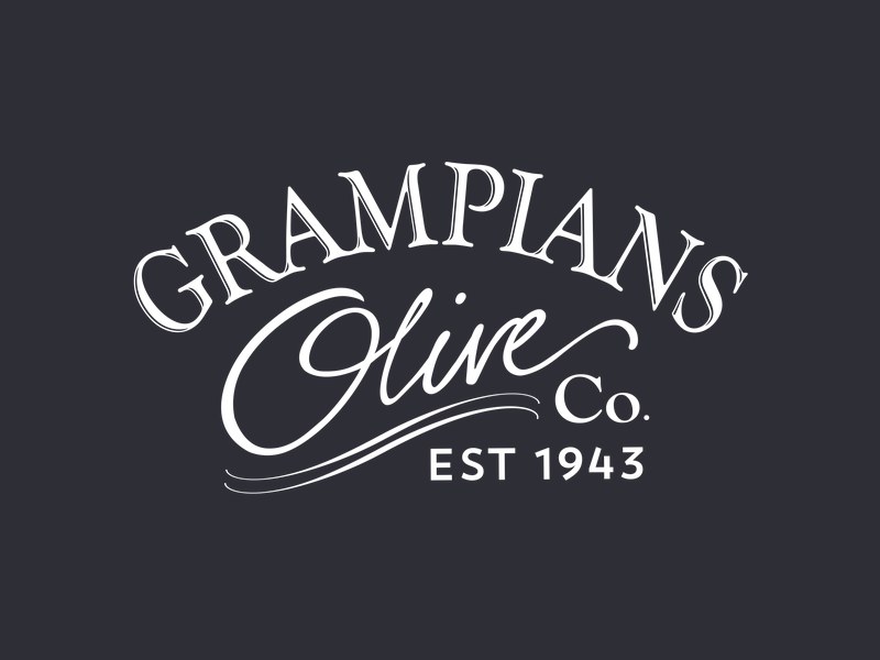 Grampians Olive Co. logo, Est 1943, in gold and white script on charcoal