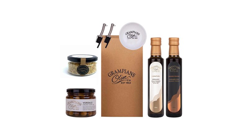 The Grampians Olive Co. pantry hamper: olive oil, balsamic vinegar, dukkah, olives, pourers and a dipping dish
