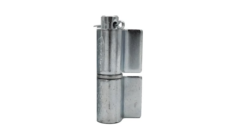 A galvanised Rotech weld-on gate hinge on a white background